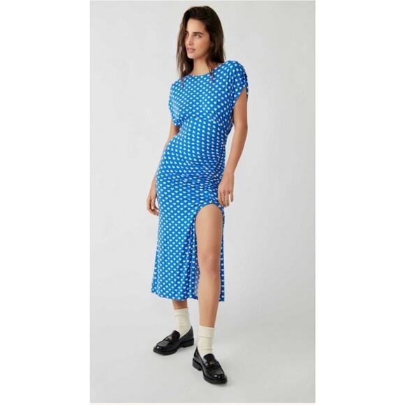 Free People Lakeside Printed Midi Dress Bluebell Hearts New Medium Slit Open - Picture 1 of 7
